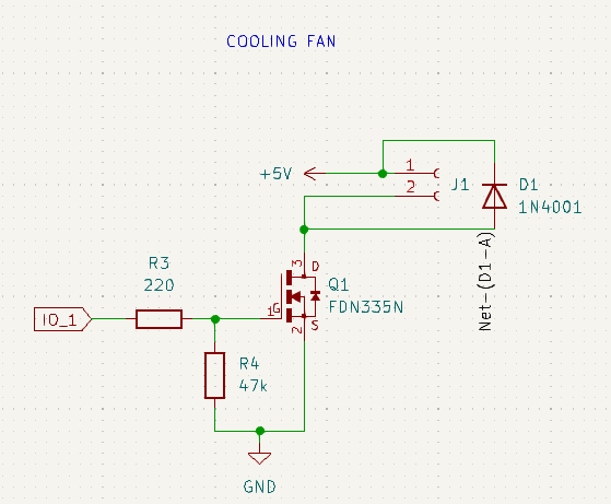 Circuito de ventilador de enfriamiento en donde el transistor FDN335N actúa como interruptor, las resistencias actúan como control estable de la puerta y el diodo 1N4001 protege el circuito de picos de voltaje.