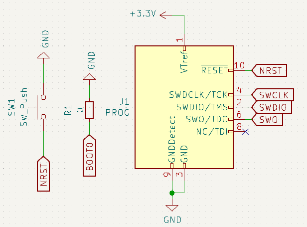 El conector programado es esencial para la programación y depuración del microcontrolador para facilitar la comunicación, control y reinicio. El pin BOOT0 garantiza que el microcontrolador arranque desde la memoria flash interna. El switch de reinicio garantiza un reinicio limpio y estable.