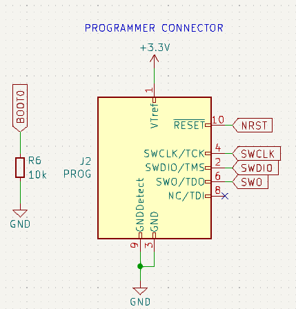 El conector programado es esencial para la programación y depuración del microcontrolador para facilitar la comunicación, control y reinicio. El pin BOOT0 garantiza que el microcontrolador arranque desde la memoria flash interna.
