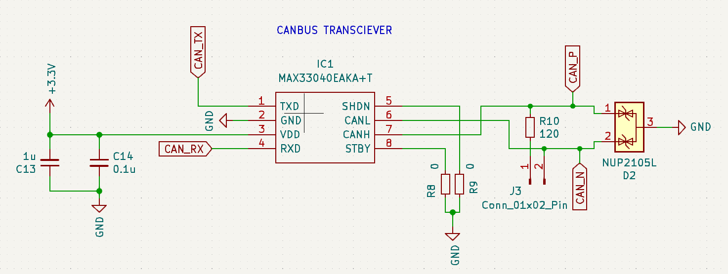 El transceptor MAX33040E convierte las señales digitales del microcontrolador a niveles diferenciales de las líneas CANH y CANL para la comunicación con el bus CAN. Los componentes de protección como el diodo y la resistencia de terminación aseguran que opere de manera segura.